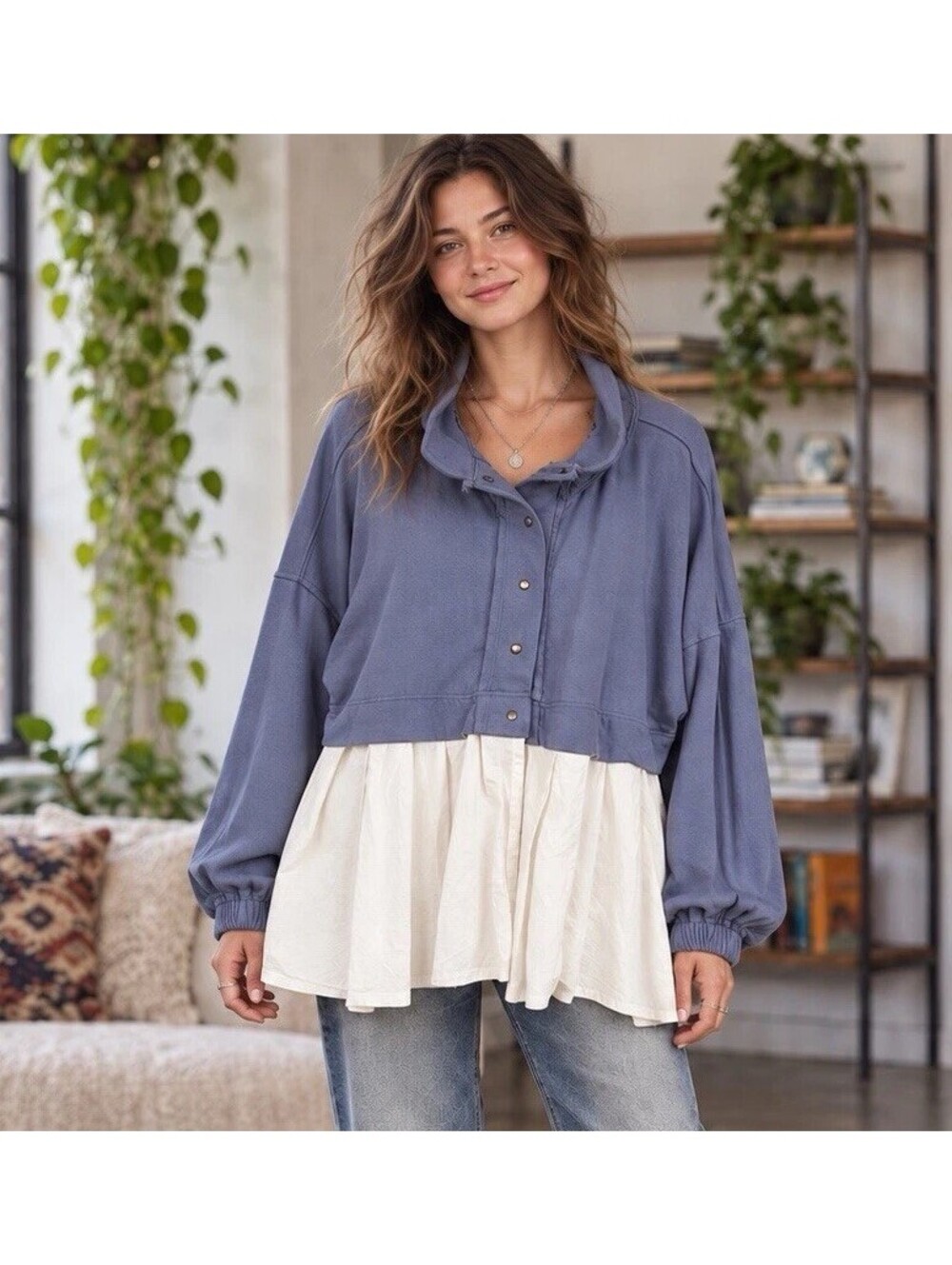 Free People Twofer Top Long Sleeve Sweatshirt Sz XL Peplum Oversized Jersey